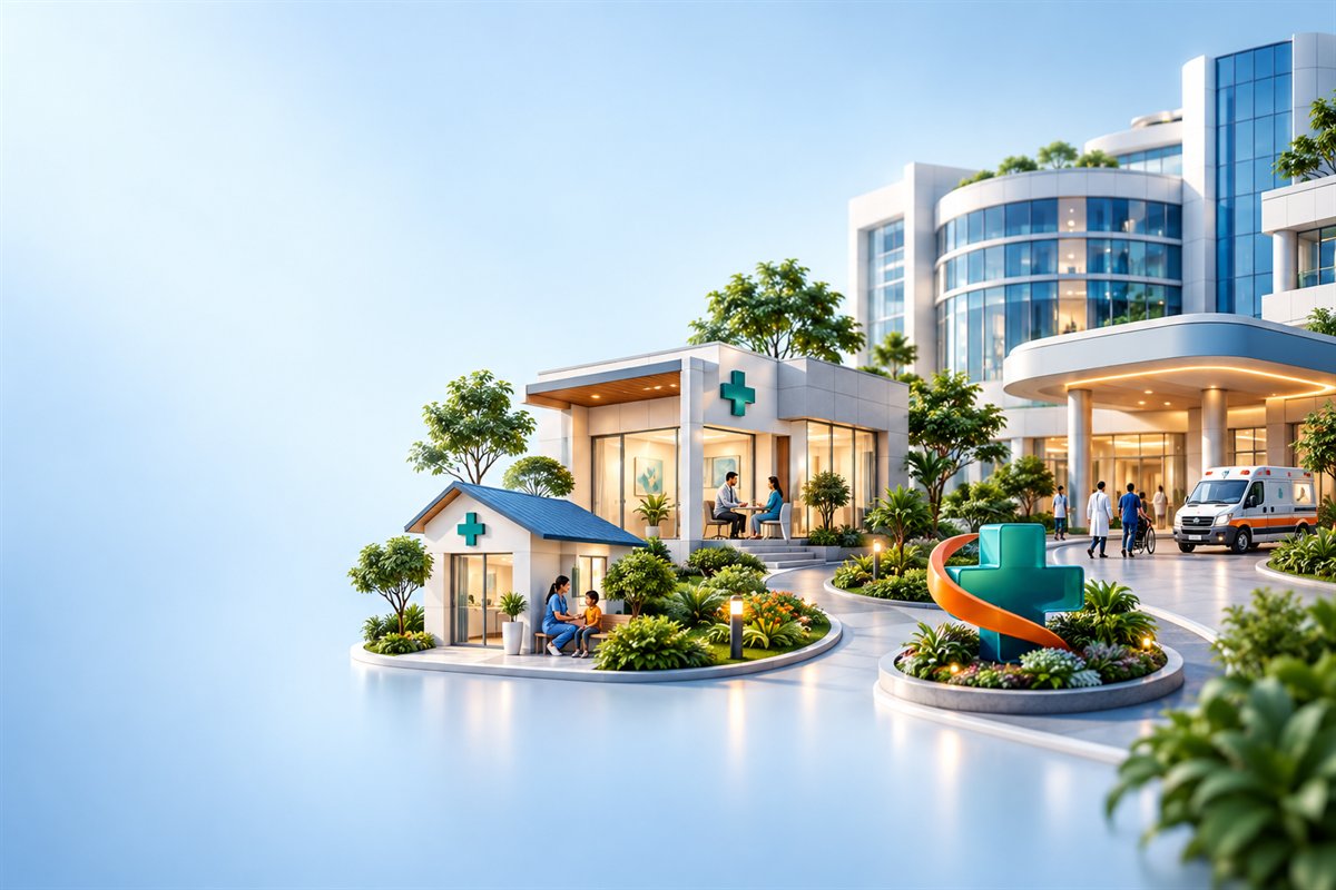 A three-dimensional healthcare campus with clinics and a hospital