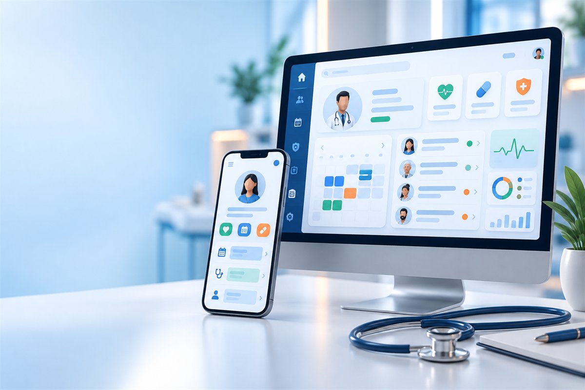 An illustrative three-dimensional healthcare touchpoint display, not live SUTRAVYA software